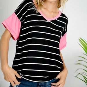 E. Luna Black &white striped with pink sleeves Top size Large EUC